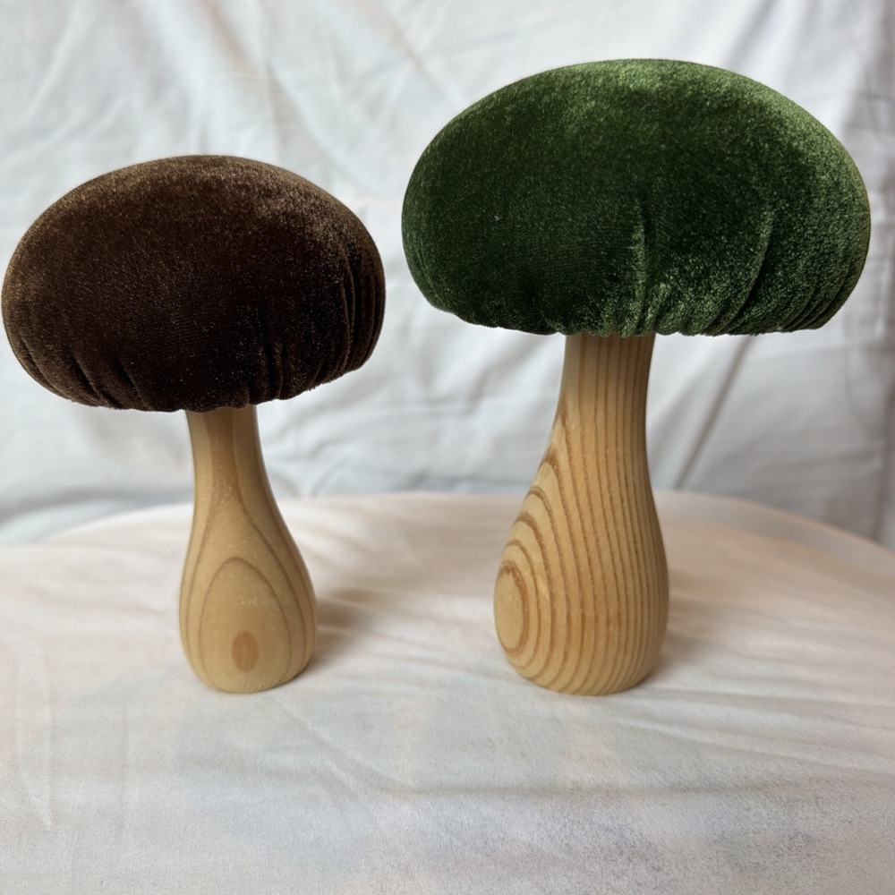 Set of 2 Flocked Velvet Mushroom Figurines Wood Stems Green Brown Woodland Decor